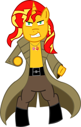 Size: 880x1375 | Tagged: safe, artist:jewelsfriend, sunset shimmer, pony, bipedal, clothes, crossover, konami, liquid snake, metal gear, ponified, solo, trenchcoat