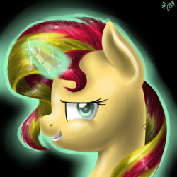 Size: 2000x2000 | Tagged: safe, artist:budgieflitter, sunset shimmer, pony, unicorn, bust, grin, looking at you, magic, portrait, solo