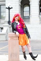 Size: 427x640 | Tagged: safe, artist:lochlan o'neil, sunset shimmer, human, ankle boots, boots, clothes, cosplay, female, high heel boots, irl, irl human, jacket, leaning, leather jacket, photo, shoes, solo, wig