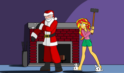 Size: 3400x2008 | Tagged: safe, artist:g-munz, sunset shimmer, equestria girls, bunny slippers, chimney, clothes, fanfic art, fanfic cover, hammer, santa claus, sledgehammer, slippers, this will end in tears