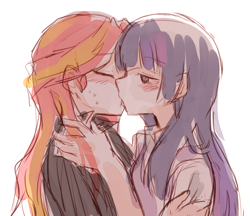 Size: 670x579 | Tagged: safe, artist:gyaheung, sunset shimmer, twilight sparkle, human, blushing, eyes closed, female, humanized, kissing, lesbian, shipping, sunsetsparkle, sweat