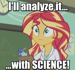 Size: 497x465 | Tagged: safe, screencap, sunset shimmer, equestria girls, friendship games, the science of magic, batman, clipboard, clothes, college humor, image macro, lab coat, meme, pencil, reaction image, solo, sunset the science gal, thousand yard stare