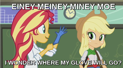 Size: 620x343 | Tagged: source needed, useless source url, safe, screencap, applejack, sunset shimmer, equestria girls, friendship games, the science of magic, caption, image macro, implied fingering, kung pow, meme, rubber gloves, sunset the science gal, sunset's prostate exam