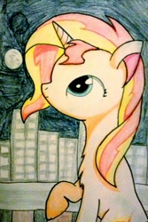 Size: 640x960 | Tagged: safe, artist:acleus097, sunset shimmer, pony, unicorn, city, night, solo