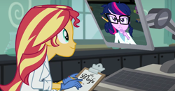 Size: 1044x545 | Tagged: safe, edit, edited screencap, screencap, sci-twi, sunset shimmer, twilight sparkle, equestria girls, friendship games, rainbow rocks, the science of magic, clipboard, computer, female, glasses, lesbian, scitwishimmer, shipping, sunset the science gal, sunset's computer, sunsetsparkle, waifu