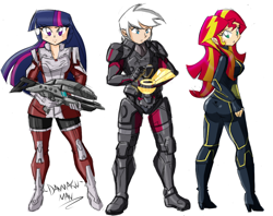 Size: 1600x1265 | Tagged: safe, artist:danmakuman, sunset shimmer, twilight sparkle, oc, human, armor, crossover, gun, humanized, humanized oc, looking at you, mass effect, no trigger discipline, omni-tool, outfit, rifle