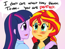 Size: 1183x891 | Tagged: safe, artist:catlover1672, sunset shimmer, twilight sparkle, twilight sparkle (alicorn), equestria girls, rainbow rocks, blushing, female, lesbian, shipping, sunsetsparkle