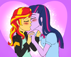 Size: 973x781 | Tagged: safe, artist:catlover1672, sunset shimmer, twilight sparkle, twilight sparkle (alicorn), equestria girls, rainbow rocks, blushing, bowtie, clothes, eyes closed, female, heart, holding hands, jacket, kissing, leather jacket, lesbian, purple background, shipping, simple background, sunsetsparkle