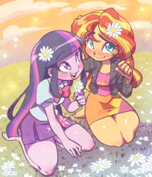 Size: 600x700 | Tagged: safe, artist:jirousan, sunset shimmer, twilight sparkle, twilight sparkle (alicorn), equestria girls, rainbow rocks, barefoot, blushing, clothes, cute, feet, female, flower, flower in hair, grass, kneeling, lesbian, missing shoes, open mouth, outdoors, shimmerbetes, shipping, smiling, sunsetsparkle, wavy mouth