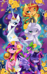 Size: 630x1000 | Tagged: safe, artist:loyaldis, derpibooru import, angel bunny, princess cadance, princess silver swirl, rarity, spike, sunset shimmer, twilight sparkle, twilight sparkle (alicorn), alicorn, dragon, pony, unicorn, g2, g2 to g4, generation leap