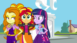 Size: 4800x2700 | Tagged: safe, adagio dazzle, sunset shimmer, twilight sparkle, twilight sparkle (alicorn), equestria girls, absurd resolution, clothes, courtyard, cute, female, fingerless gloves, gloves, horse statue, jacket, leather jacket, lesbian, shipping, skirt, sunsagio, sunsetsparkle, vector