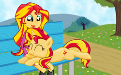 Size: 1923x1195 | Tagged: safe, artist:majkashinoda626, sunset shimmer, pony, unicorn, equestria girls, boots, clothes, cute, human ponidox, nature, self ponidox, shimmerbetes, shoes, skirt, square crossover