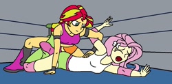 Size: 1024x502 | Tagged: safe, artist:avispaneitor, fluttershy, sunset shimmer, equestria girls, clothes, equestria girls outfit, equestria girls wrestling series, midriff, sports bra, submission, submission hold, tanktop, wrestling