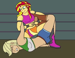 Size: 1010x792 | Tagged: safe, artist:avispaneitor, applejack, sunset shimmer, equestria girls, belly button, clothes, equestria girls wrestling series, midriff, sports bra, submission, submission hold, wrestling, wrestling ring