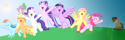 Size: 3500x1113 | Tagged: safe, artist:majkashinoda626, derpibooru import, applejack, fluttershy, pinkie pie, rainbow dash, rarity, spike, starlight glimmer, sunset shimmer, twilight sparkle, twilight sparkle (alicorn), alicorn, dragon, earth pony, pegasus, pony, unicorn, the cutie re-mark, drama, female, friends are always there for you, mane nine, mane seven, mane six, mare, replaced, starlight drama