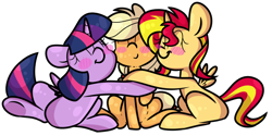 Size: 1280x642 | Tagged: safe, artist:korgikardigan, derpibooru import, applejack, sunset shimmer, twilight sparkle, alicorn, earth pony, pony, alicornified, appleshimmer, appleshimmerlight, blush sticker, blushing, cute, eyes closed, female, happy, hug, jackabetes, lesbian, ot3, polyamory, race swap, shimmerbetes, shimmercorn, shipping, smiling, sunsetsparkle, twiabetes, twijack, twijack-doodles