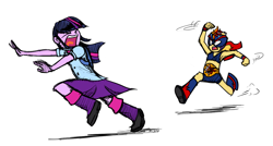 Size: 1256x671 | Tagged: safe, artist:zicygomar, sunset shimmer, twilight sparkle, equestria girls, chase, lucha libre, luchador, mask, masked shimmer, midriff