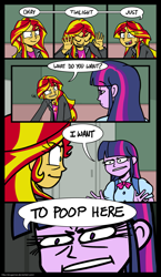 Size: 1021x1766 | Tagged: safe, artist:zicygomar, sunset shimmer, twilight sparkle, equestria girls, equestria girls (movie), comic, dialogue, eye clipping through hair, parody, the most popular girls in school, toilet humor, wat