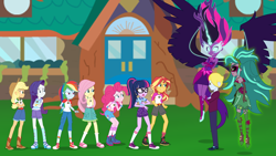 Size: 1920x1080 | Tagged: safe, artist:askometa, artist:dashiemlpfim, artist:wawtoons, artist:xebck, artist:yoshigreenwater, applejack, fluttershy, gaea everfree, gloriosa daisy, midnight sparkle, pinkie pie, rainbow dash, sci-twi, sunset shimmer, twilight sparkle, oc, oc:delta brony, equestria girls, legend of everfree, boots, bracelet, clothes, converse, cowboy boots, cowboy hat, crossed arms, denim, dress, equestria girls-ified, fist, floating, freckles, hat, jewelry, magical geodes, pants, self paradox, shoes, shorts, skirt, socks