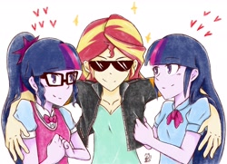 Size: 2274x1642 | Tagged: safe, artist:aka-ryuga, sci-twi, sunset shimmer, twilight sparkle, equestria girls, clothes, female, heart, jacket, lesbian, scitwishimmer, shipping, smiling, sunglasses, sunset gets all the twilights, sunset twiangle, sunsetsparkle, twolight