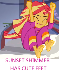 Size: 448x550 | Tagged: safe, sunset shimmer, equestria girls, barefoot, bed, clothes, eyes closed, feet, legend of everfeet, pajamas, solo, sunfeet shimmer