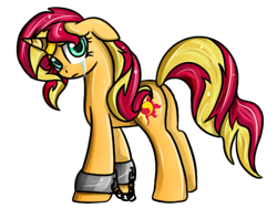 Size: 528x418 | Tagged: safe, artist:crystaltigerdragon, sunset shimmer, pony, unicorn, bondage, bondage cuffs, bondage gear, chains, crying, cuffs, floppy ears, frown, horn ring, looking at you, looking back, magic suppression, plot, sad, shackles, shimmerbuse, simple background, slave, slavery, solo, sunsad shimmer, transparent background