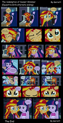 Size: 2504x4850 | Tagged: safe, artist:garretthegarret, applejack, fluttershy, rainbow dash, rarity, sunset shimmer, twilight sparkle, equestria girls, alternate ending, bare shoulders, comic, forgiveness, friendship, ponied up, scene interpretation, sleeveless, strapless