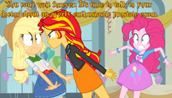 Size: 1280x733 | Tagged: safe, applejack, pinkie pie, sunset shimmer, equestria girls, cards against equestria girls