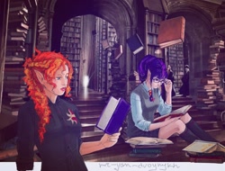 Size: 1492x1136 | Tagged: safe, artist:mr-yan-dvoynykh, sci-twi, sunset shimmer, twilight sparkle, human, alternate costumes, alternate hairstyle, alternate universe, book, crossover, cutie mark on clothes, elf ears, female, harry potter, harry potter and the goblet of fire, hogwarts, human coloration, humanized, lesbian, library, magic, scitwishimmer, shipping, sunsetsparkle, telekinesis, unicorns as elves