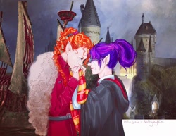 Size: 1536x1188 | Tagged: safe, artist:mr-yan-dvoynykh, sci-twi, sunset shimmer, twilight sparkle, human, alternate costumes, alternate hairstyle, alternate universe, clothes, crossover, crying, elf ears, female, harry potter, harry potter and the goblet of fire, hogwarts, human coloration, humanized, lesbian, scarf, scitwishimmer, shipping, sunsetsparkle, unicorns as elves