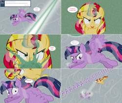 Size: 2564x2168 | Tagged: safe, artist:hakunohamikage, sunset shimmer, twilight sparkle, twilight sparkle (alicorn), alicorn, pony, ask, ask-princesssparkle, flying, high res, magic, rain, teleportation, tumblr, vector