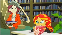 Size: 1083x617 | Tagged: safe, edit, edited screencap, screencap, normal norman, sunset shimmer, epic fails (equestria girls), eqg summertime shorts, equestria girls, book, food, funny, library, meat, parody