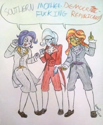 Size: 2432x2957 | Tagged: safe, artist:erenerakhard, derpibooru exclusive, starlight glimmer, sunset shimmer, trixie, equestria girls, aaron burr, dialogue, hamilton, james madison, thomas jefferson, traditional art, vulgar