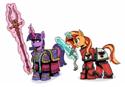 Size: 2974x2067 | Tagged: safe, artist:sensko, sunset shimmer, twilight sparkle, pony, ahzek ahriman, armor, atg 2017, blood ravens, crossover, female, high res, librarian, magic, mare, newbie artist training grounds, power armor, power sword, psyker, simple background, space marine, staff, sword, thousand sons, traditional art, warhammer (game), warhammer 40k, weapon, white background