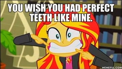 Size: 600x341 | Tagged: safe, edit, edited screencap, screencap, sunset shimmer, pony, epic fails (equestria girls), eqg summertime shorts, equestria girls, image macro, meme, teeth