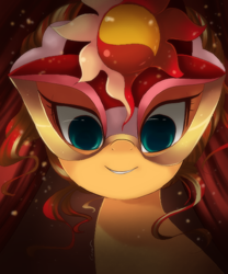 Size: 500x600 | Tagged: dead source, safe, artist:loyaldis, sunset shimmer, pony, unicorn, bust, empty eyes, female, grin, looking at you, mare, mask, masked shimmer, portrait, sitting, smiling, solo