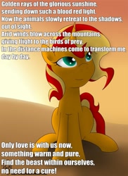 Size: 727x1000 | Tagged: safe, artist:bronyfang, sunset shimmer, pony, image macro, metal gear, metal gear rising, solo, song reference, sun, sundowner, sunset, sunshine shimmer, text