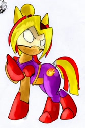 Size: 1260x1884 | Tagged: source needed, useless source url, safe, artist:keronaxd, prince artemis, sunset shimmer, pony, bomberman, bomberman 64, keronaxd, masked shimmer, ponified, solo, traditional art