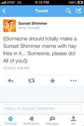 Size: 320x480 | Tagged: safe, sunset shimmer, forced meme, hay fries, meme, twitter, twitterponies