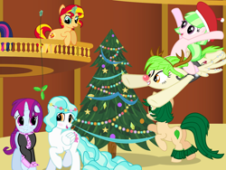 Size: 1280x960 | Tagged: safe, artist:violetclm, cherry crash, drama letter, mystery mint, paisley, sunset shimmer, sweet leaf, twilight sparkle, watermelody, pony, equestria girls, background human, beret, blushing, christmas, christmas lights, christmas tree, clothes, equestria girls ponified, female, hat, hearth's warming, holly, holly mistaken for mistletoe, lesbian, ponified, reindeer antlers, rudolph nose, santa hat, scarf, shimmer six, tree