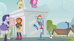 Size: 1920x1080 | Tagged: safe, screencap, applejack, fluttershy, pinkie pie, rainbow dash, rarity, sunset shimmer, equestria girls, rainbow rocks, football