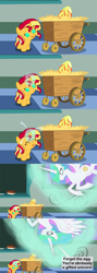 Size: 1120x3150 | Tagged: safe, artist:beavernator, princess celestia, sunset shimmer, alicorn, pony, unicorn, all glory to the beaver grenadier, baby, baby pony, comic, cute, diaper, female, filly, filly sunset shimmer, foal, glowing horn, horn, magic, mare, phoenix egg, shimmerbetes, smiling, spread wings, telekinesis, upside down, wide eyes, younger