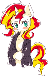 Size: 420x657 | Tagged: safe, artist:megarexetera, sunset shimmer, pony, blushing, clothes, jacket, solo