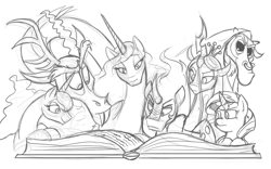 Size: 1024x638 | Tagged: safe, artist:mickeymonster, derpibooru import, discord, king sombra, lord tirek, princess celestia, princess luna, queen chrysalis, sunset shimmer, alicorn, changeling, changeling queen, pony, black and white, derpibooru, grayscale, monochrome, reading, sketch, storybook