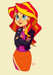 Size: 500x700 | Tagged: dead source, safe, artist:rollingrabbit, sunset shimmer, equestria girls, clothes, crossed arms, cute, female, jacket, leather jacket, shimmerbetes, simple background, smiling, solo, yellow background