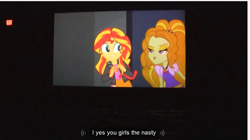 Size: 1283x717 | Tagged: safe, screencap, adagio dazzle, sunset shimmer, equestria girls, rainbow rocks, meme, youtube caption