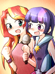 Size: 600x800 | Tagged: safe, artist:gyaheung, sunset shimmer, twilight sparkle, human, equestria girls, rainbow rocks, blushing, clothes, cute, duet, duo, human coloration, humanized, microphone, open mouth, singing