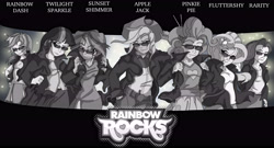 Size: 6496x3508 | Tagged: safe, artist:toonlancer, applejack, fluttershy, pinkie pie, rainbow dash, rarity, sunset shimmer, twilight sparkle, equestria girls, rainbow rocks, absurd resolution, clothes, humane seven, jacket, mane six, monochrome, sunglasses