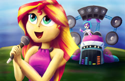 Size: 2500x1618 | Tagged: safe, artist:fox-moonglow, dj pon-3, sunset shimmer, vinyl scratch, equestria girls, rainbow rocks, bassmobile, microphone