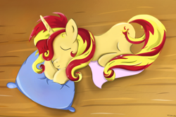 Size: 1500x1000 | Tagged: safe, artist:milanoss, sunset shimmer, pony, unicorn, pillow, sleeping, solo